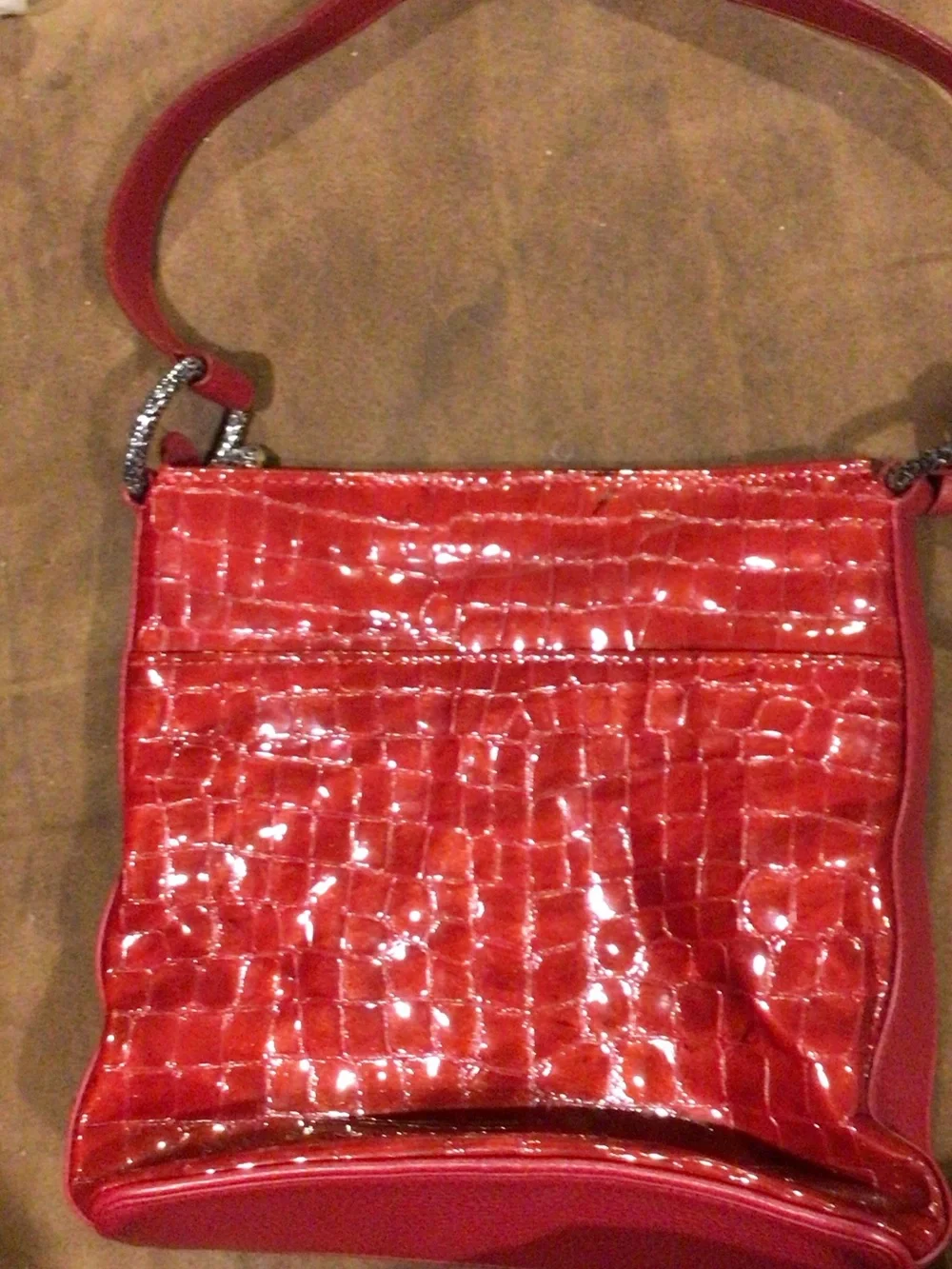 Brighton Glossy Red Croc-Embossed Shoulder Bag with Silver Accents